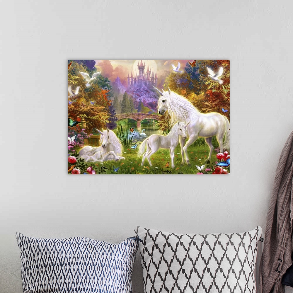 A bohemian room featuring Fantasy art featuring a family of unicorns in a garden of flowers and animals in front of a castle.