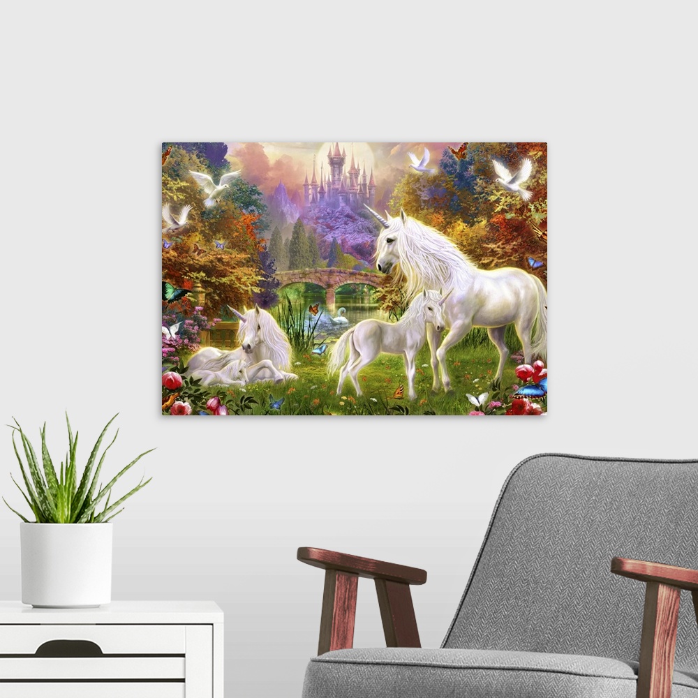 A modern room featuring Fantasy art featuring a family of unicorns in a garden of flowers and animals in front of a castle.