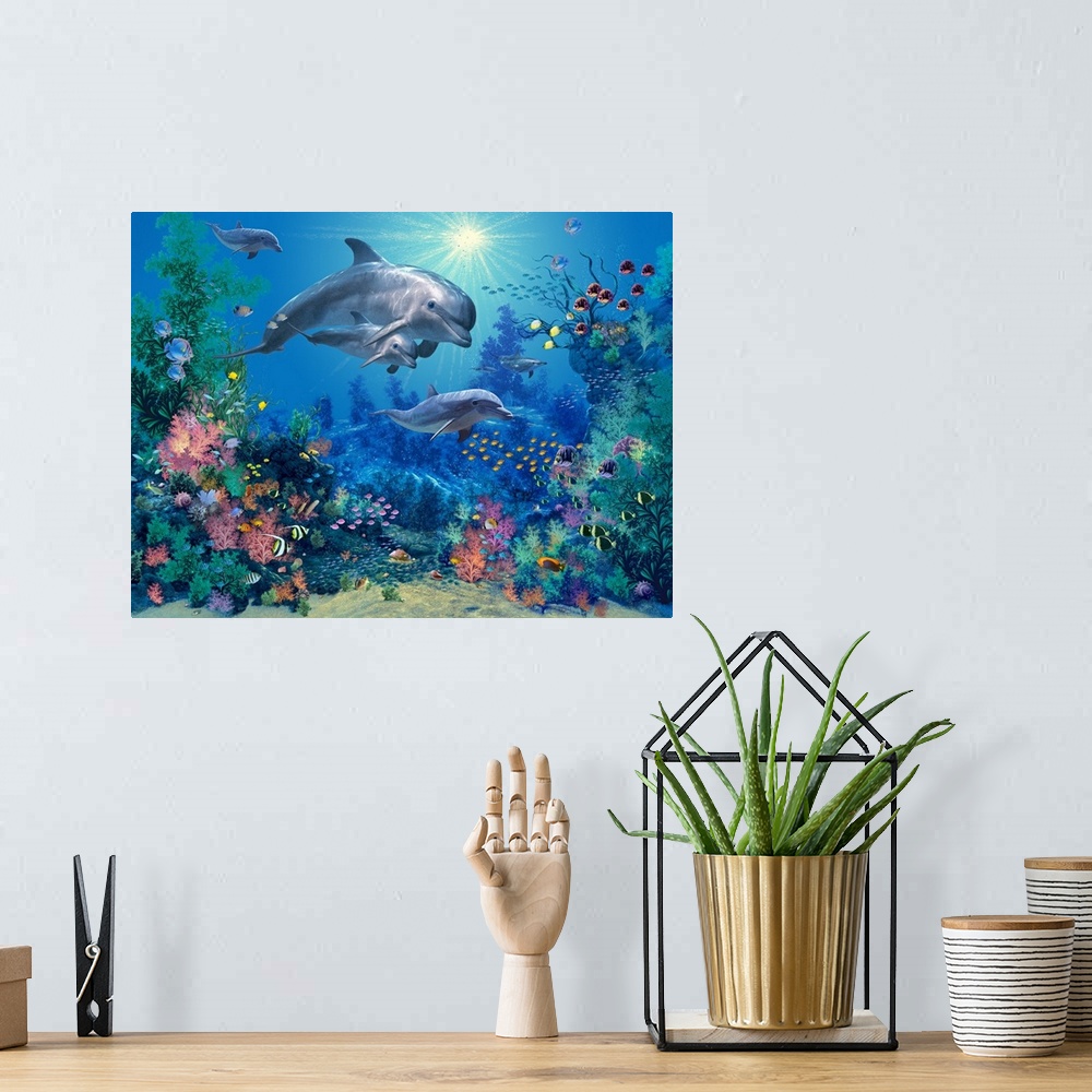A bohemian room featuring Artwork created of the ocean wildlife with a family of dolphins and different species of fish swi...