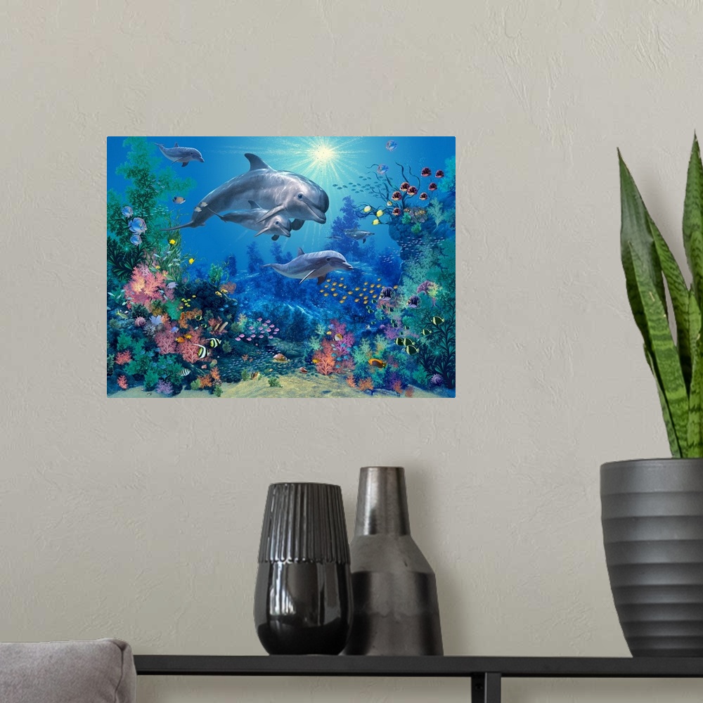 A modern room featuring Artwork created of the ocean wildlife with a family of dolphins and different species of fish swi...
