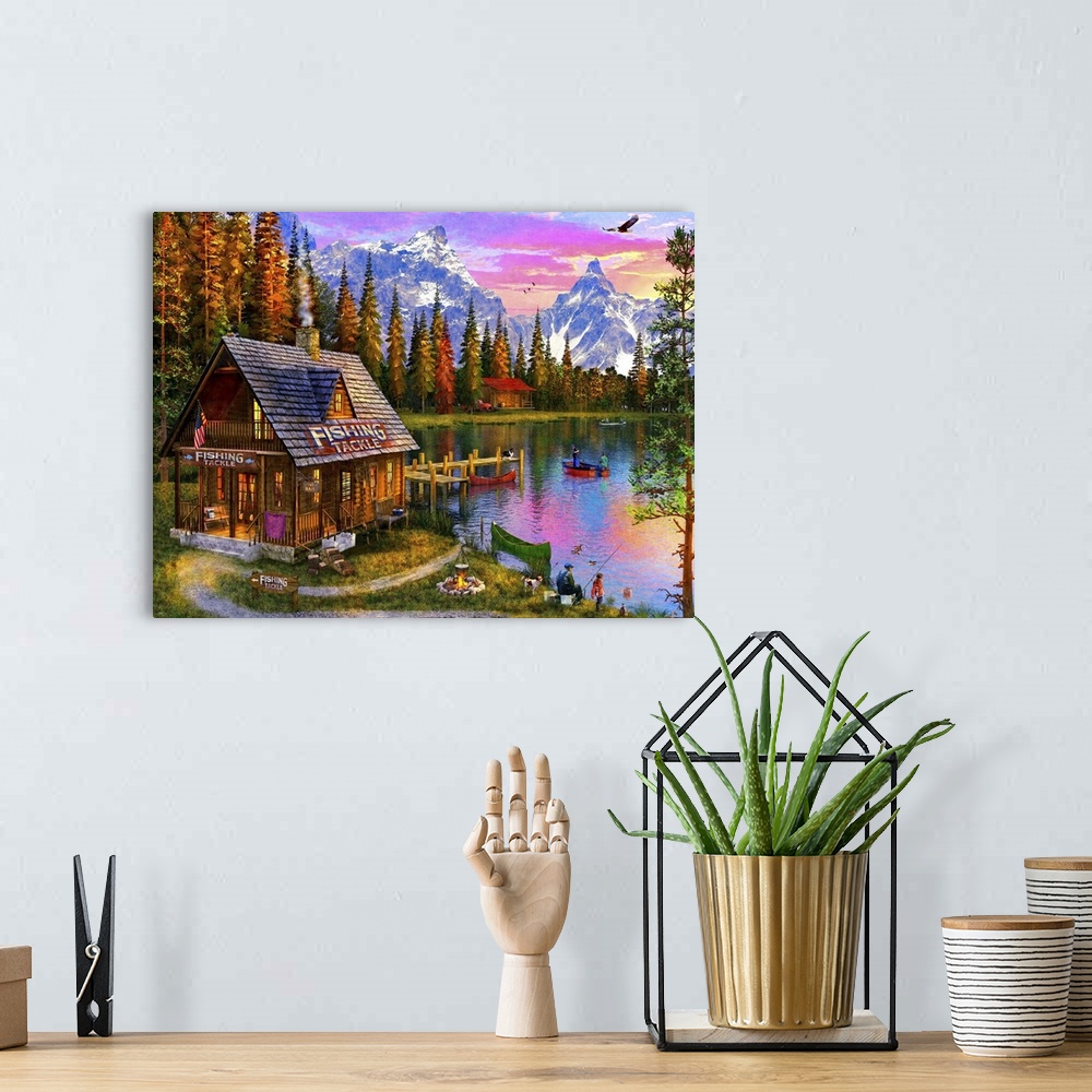 A bohemian room featuring Illustration of a small Fishing cabin set on a lake.