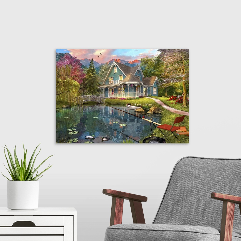 A modern room featuring Illustration of a mountain fishing retreat.