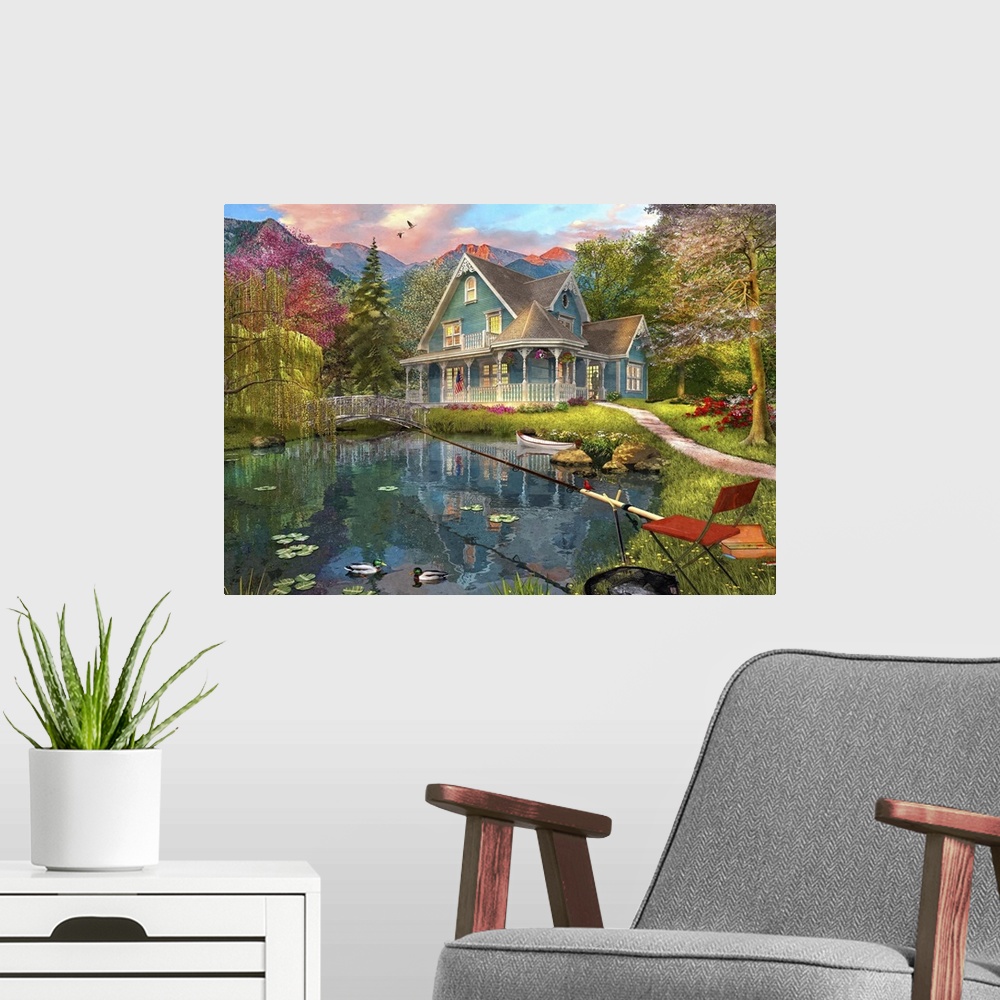 A modern room featuring Illustration of a mountain fishing retreat.