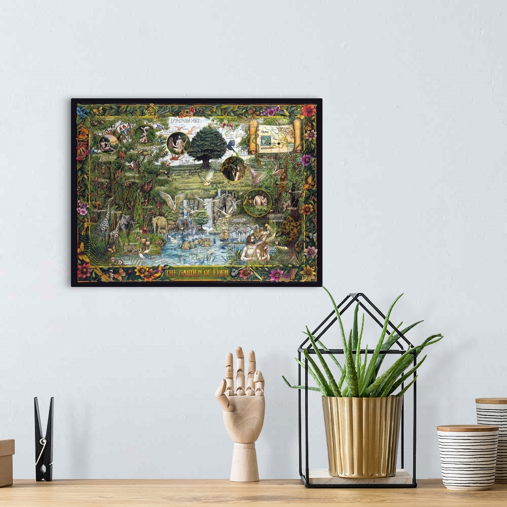 A bohemian room featuring Imaginary view of Eden with all flora and fauna and magnifications of Adam and Eve.