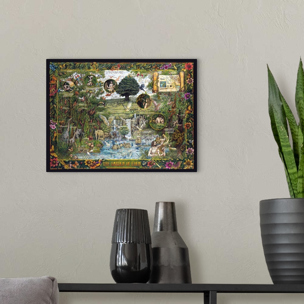 A modern room featuring Imaginary view of Eden with all flora and fauna and magnifications of Adam and Eve.