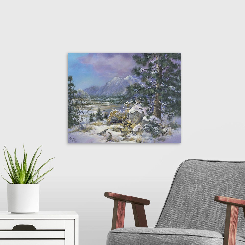 A modern room featuring Contemporary painting of quails in the snow in wilderness.