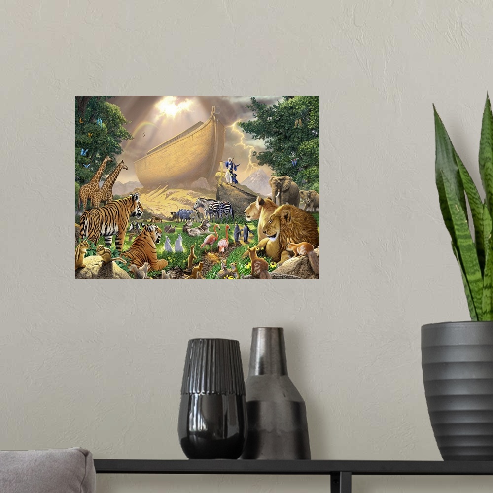 A modern room featuring Horizontal, oversized art of Noah's ark towering in the background beneath a mostly cloudy sky.  ...
