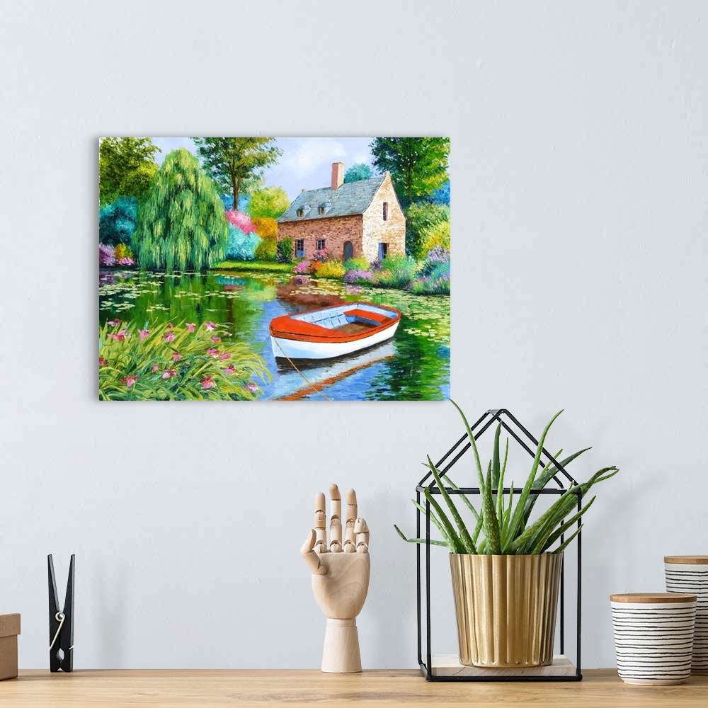 A bohemian room featuring Contemporary painting of a boat resting in a pond in front of a countryside cottage.