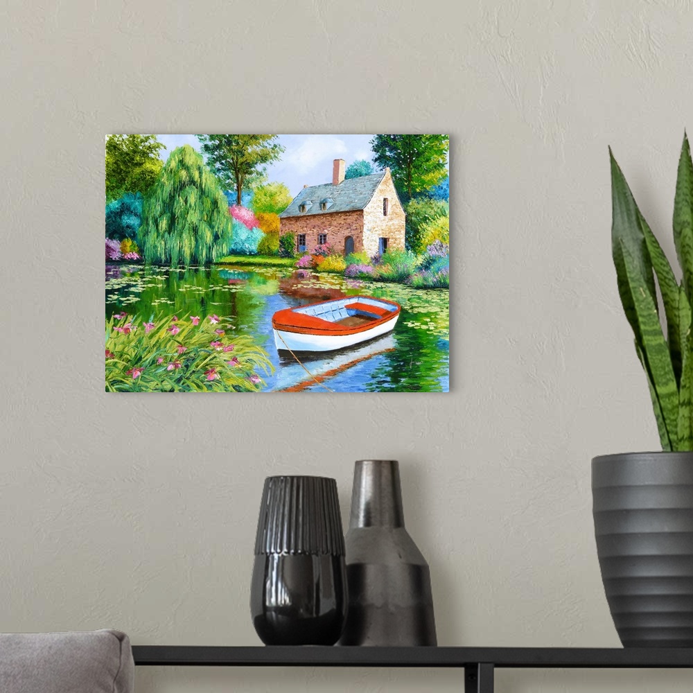 A modern room featuring Contemporary painting of a boat resting in a pond in front of a countryside cottage.