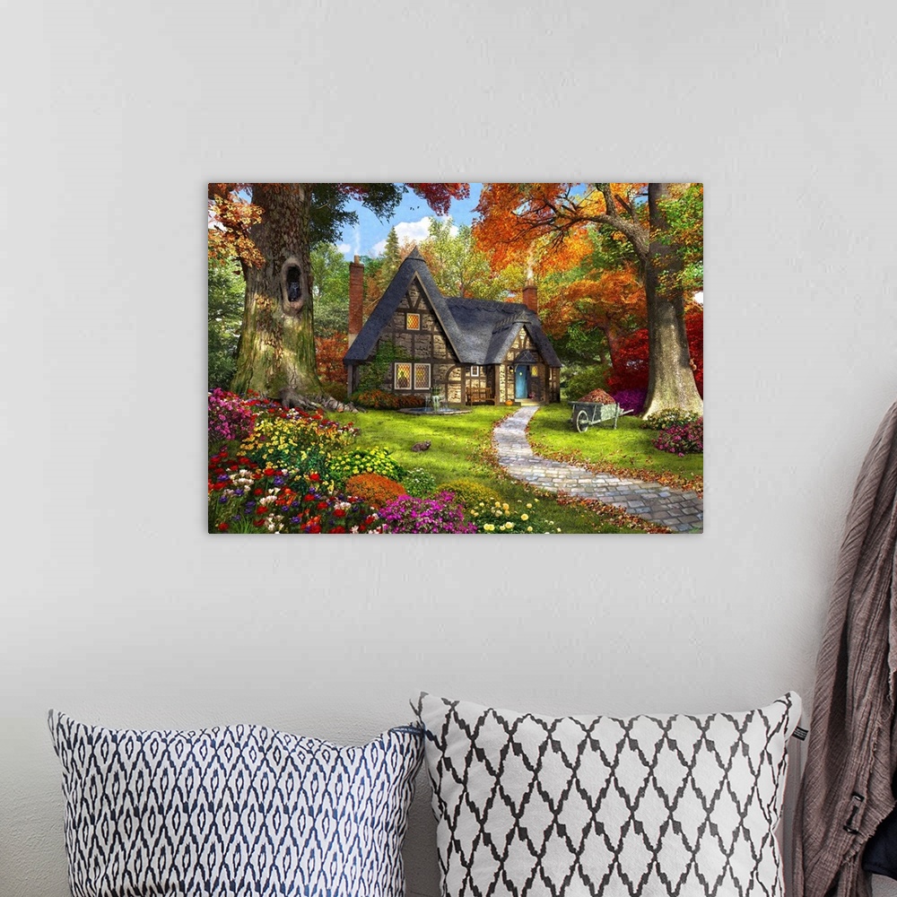 A bohemian room featuring Illustration of a small cozy cottage in a Autumnal woodland.