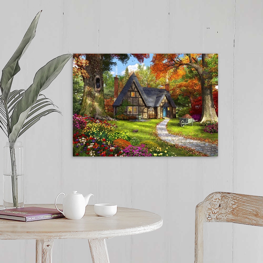 A farmhouse room featuring Illustration of a small cozy cottage in a Autumnal woodland.