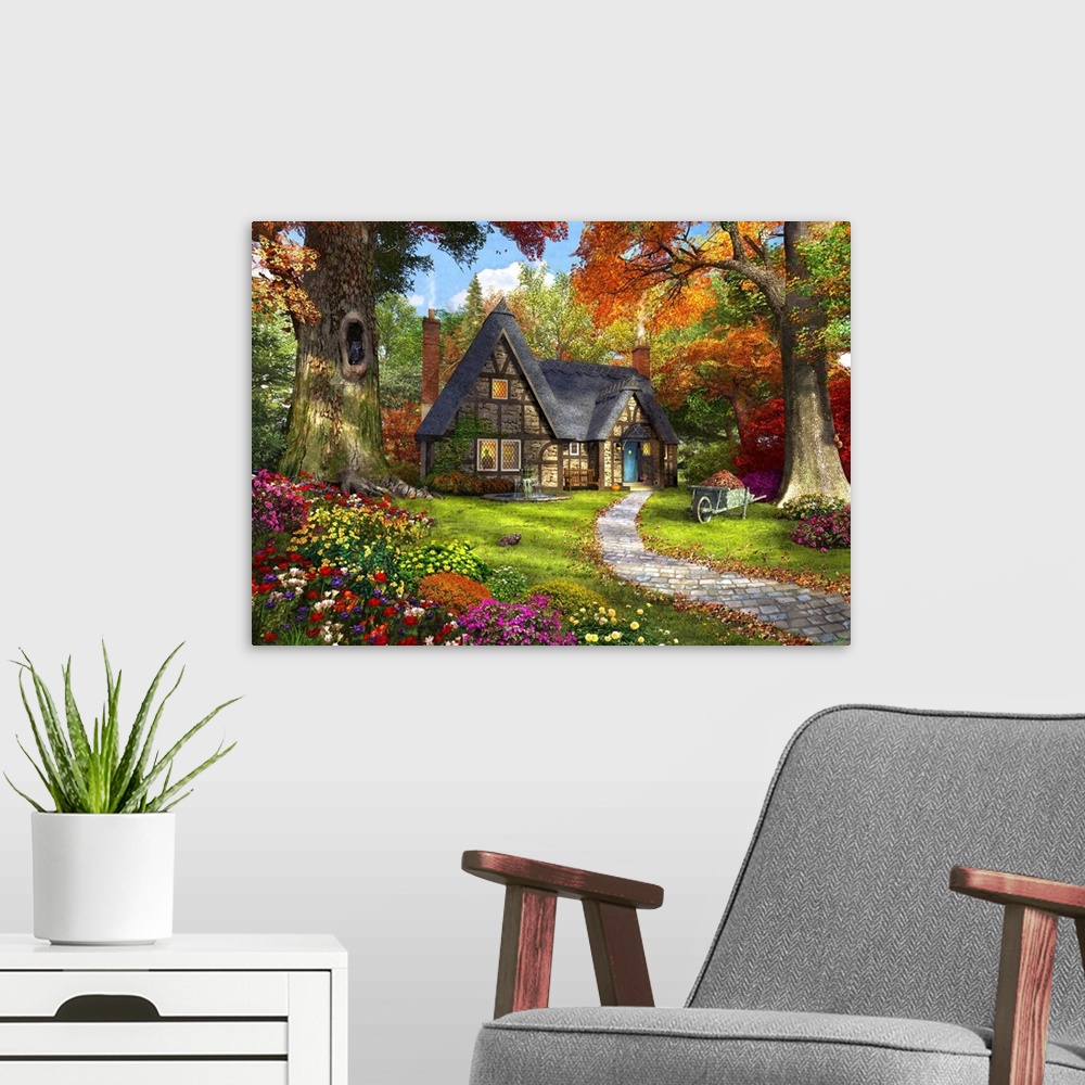A modern room featuring Illustration of a small cozy cottage in a Autumnal woodland.
