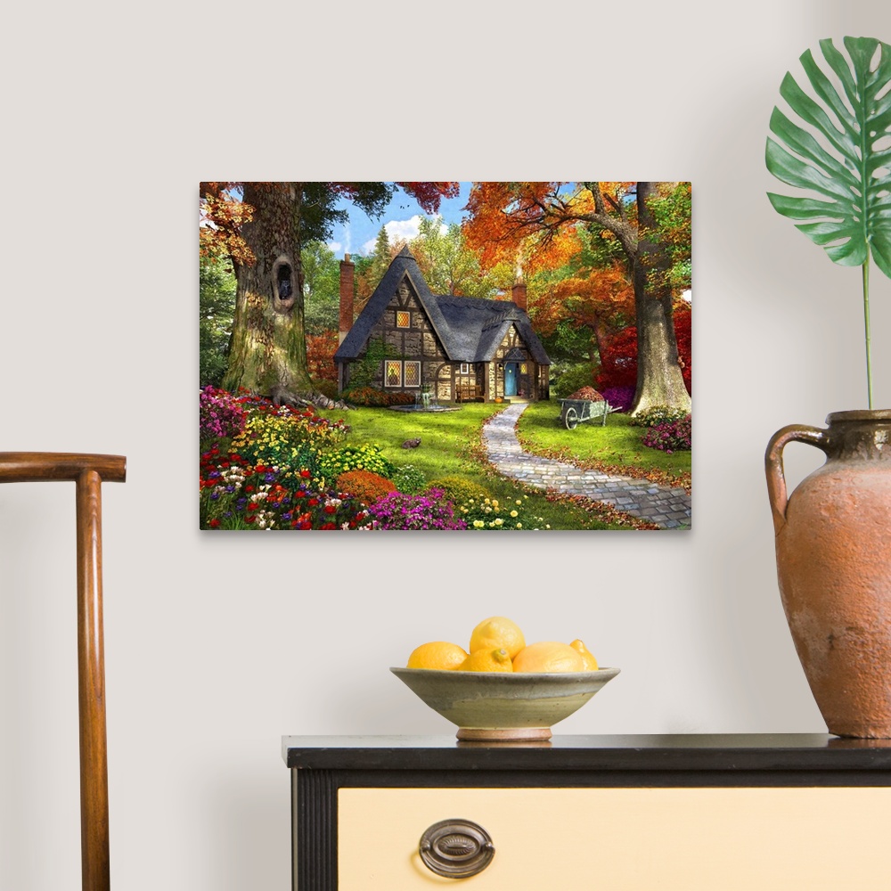 A traditional room featuring Illustration of a small cozy cottage in a Autumnal woodland.