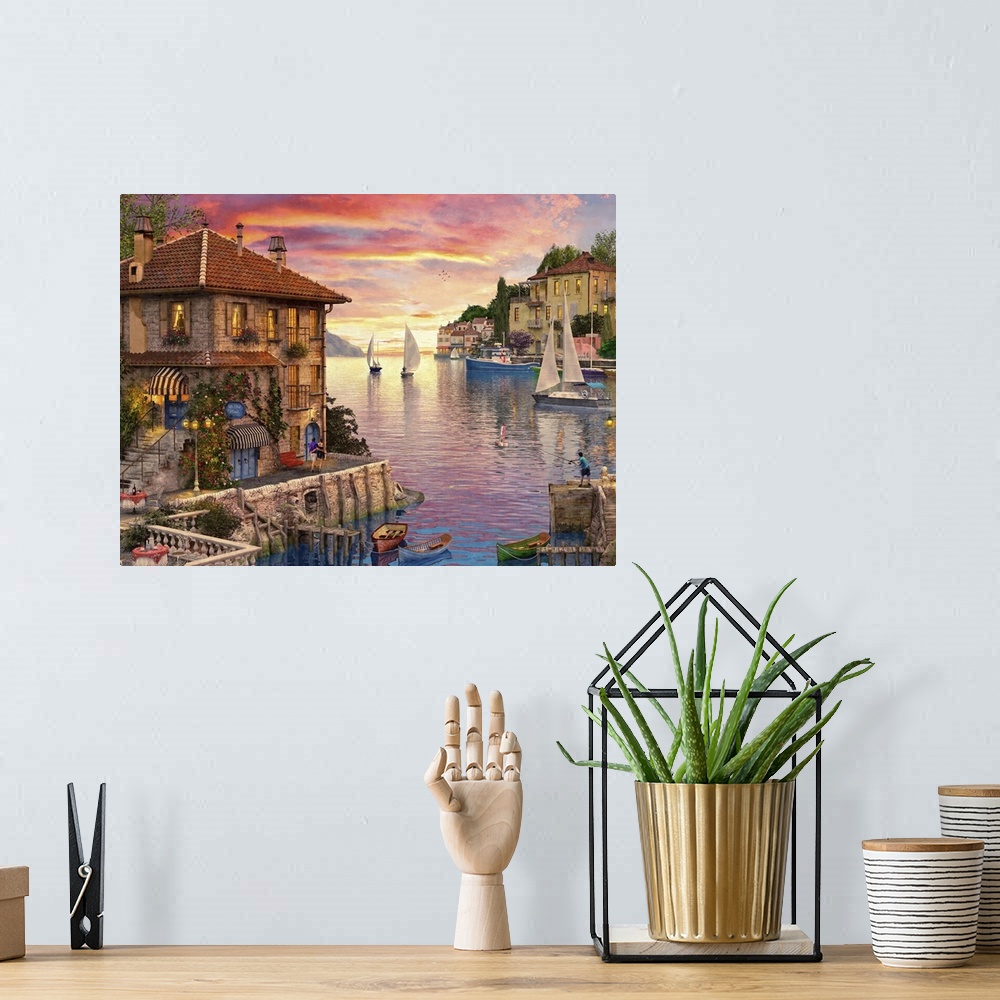 A bohemian room featuring Illustration of a small Mediterranean harbor at sunset.