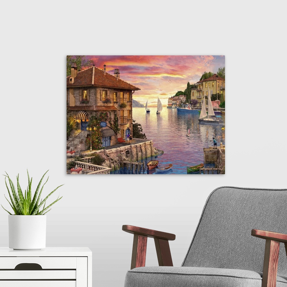 A modern room featuring Illustration of a small Mediterranean harbor at sunset.