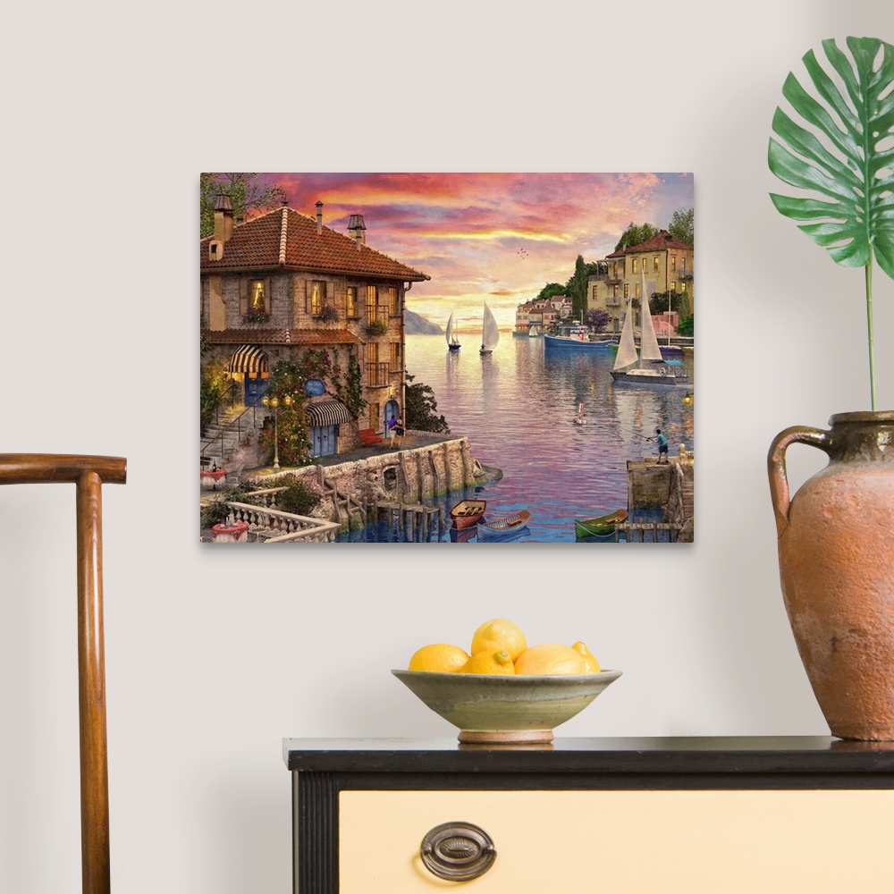 A traditional room featuring Illustration of a small Mediterranean harbor at sunset.