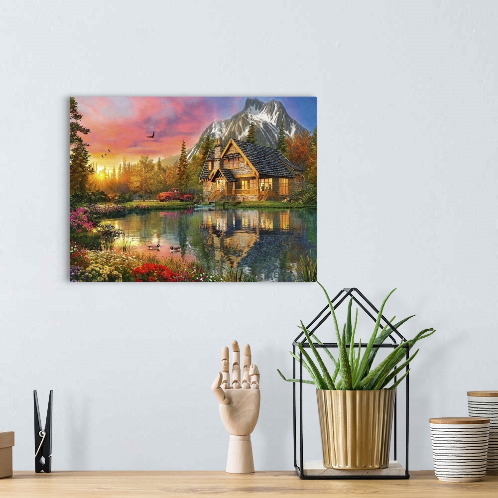 A bohemian room featuring Illustration of a mountain cabin surrounded by snow capped mountains.
