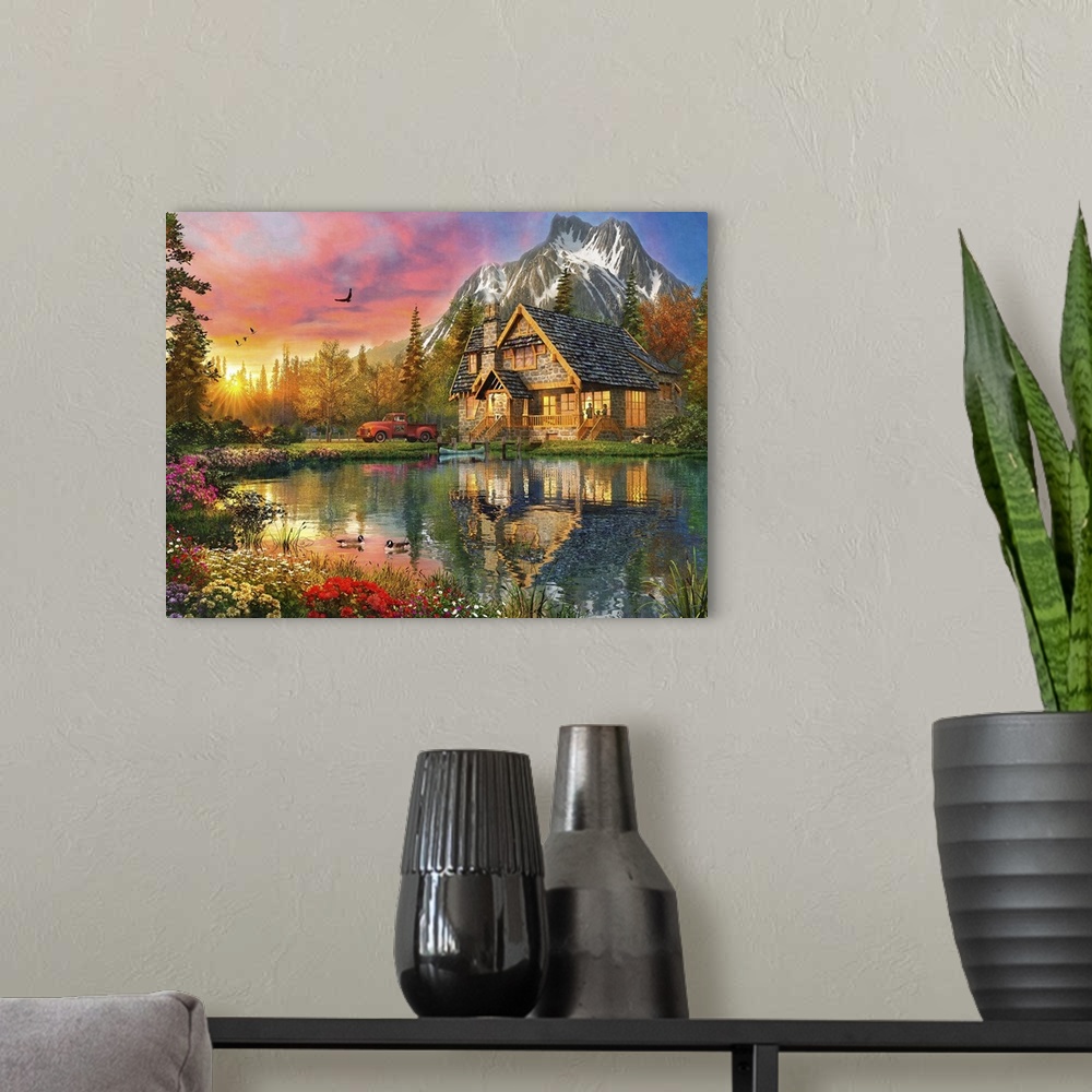 A modern room featuring Illustration of a mountain cabin surrounded by snow capped mountains.