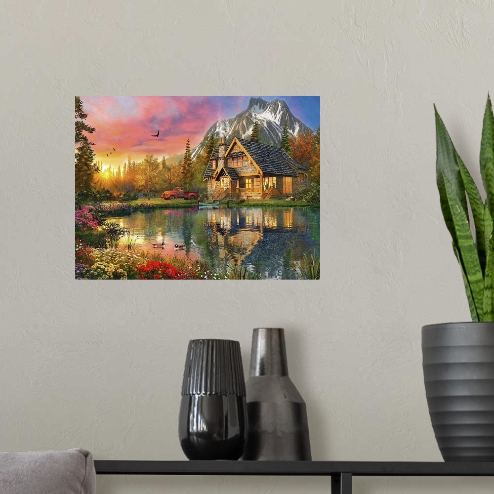 A modern room featuring Illustration of a mountain cabin surrounded by snow capped mountains.