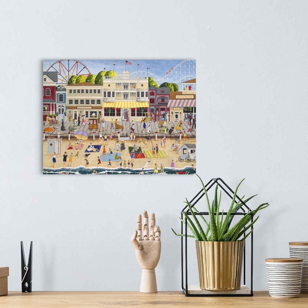 A bohemian room featuring Americana scene of a busy pier with beachgoers and carnival rides.