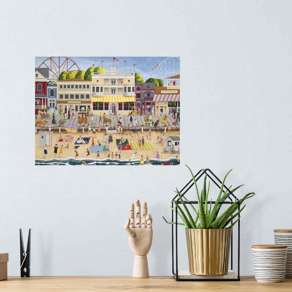 A bohemian room featuring Americana scene of a busy pier with beachgoers and carnival rides.