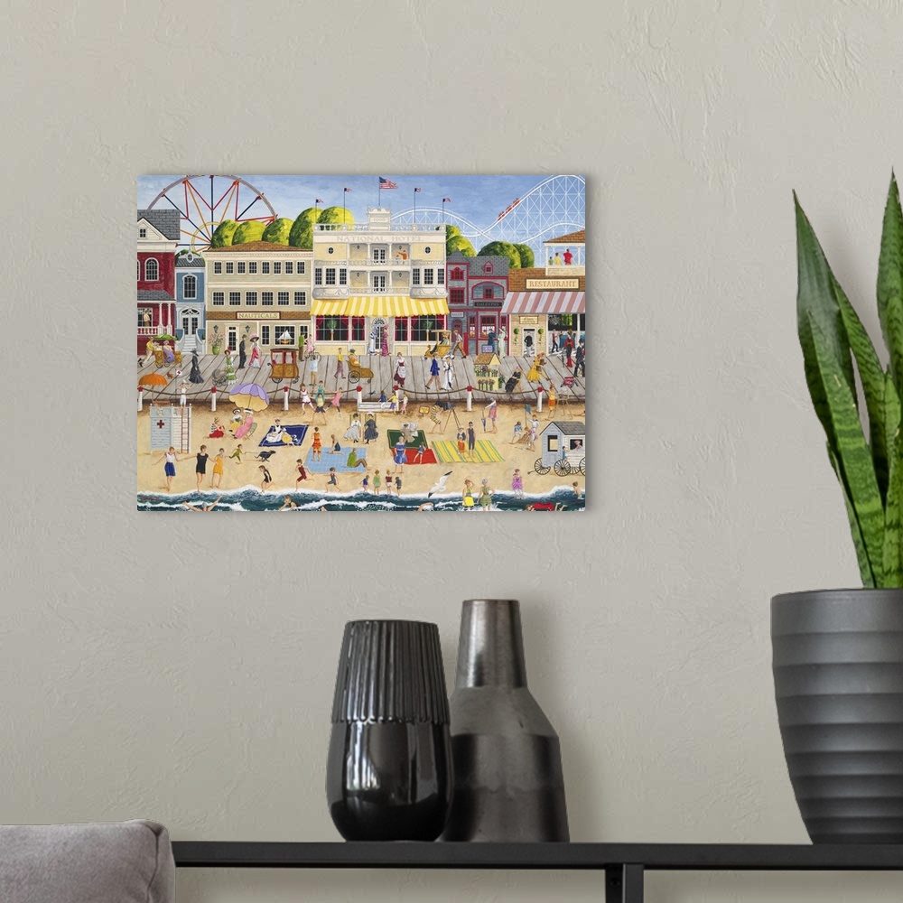 A modern room featuring Americana scene of a busy pier with beachgoers and carnival rides.