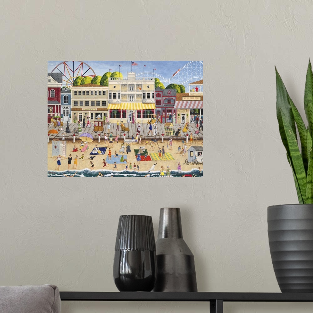 A modern room featuring Americana scene of a busy pier with beachgoers and carnival rides.