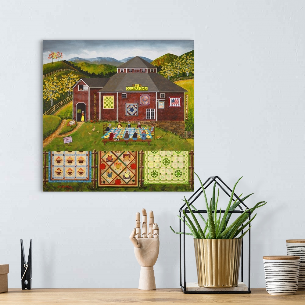 A bohemian room featuring Americana scene of a barn selling quilts with women in a quilting circle.