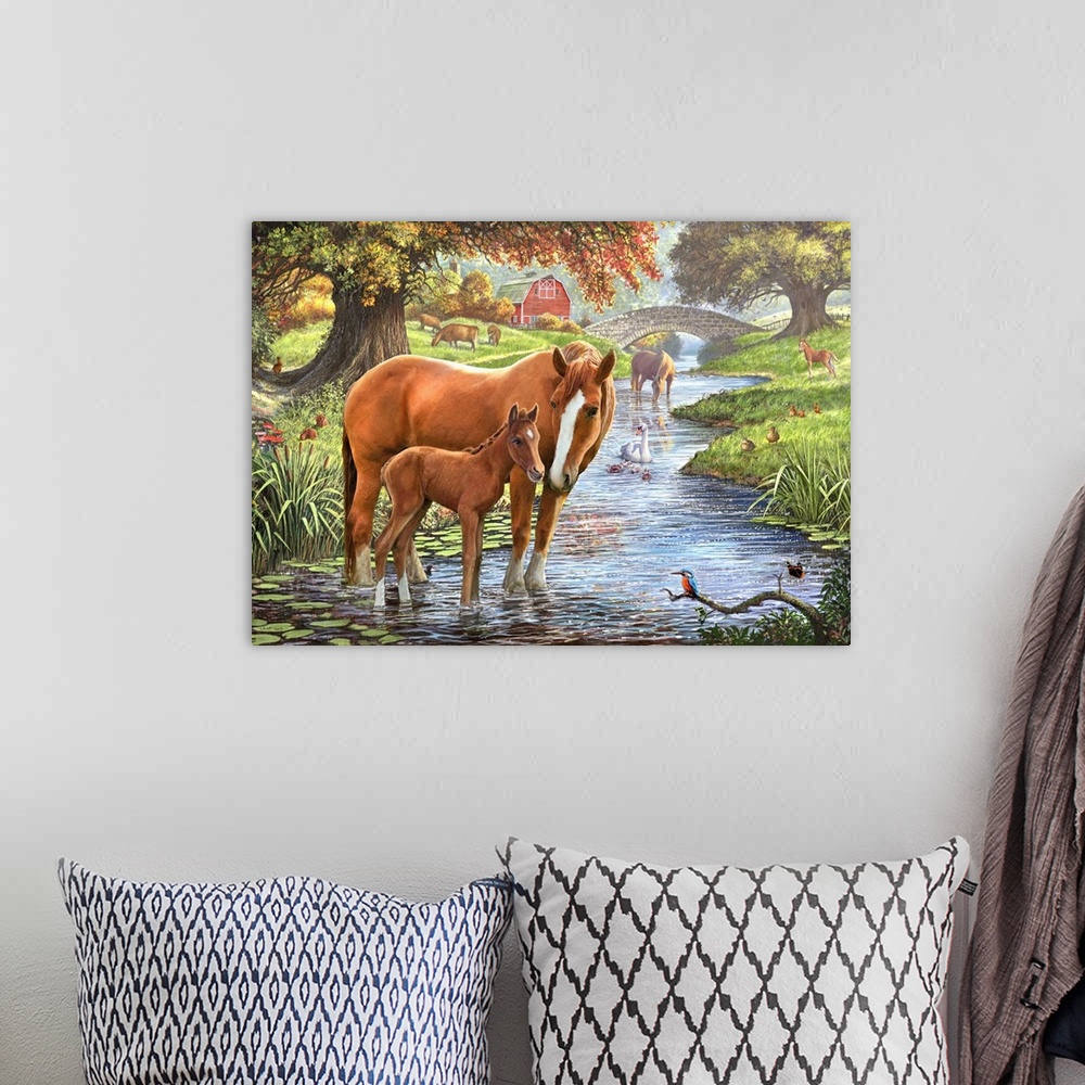 A bohemian room featuring Mare and foal in a stream in the autumn