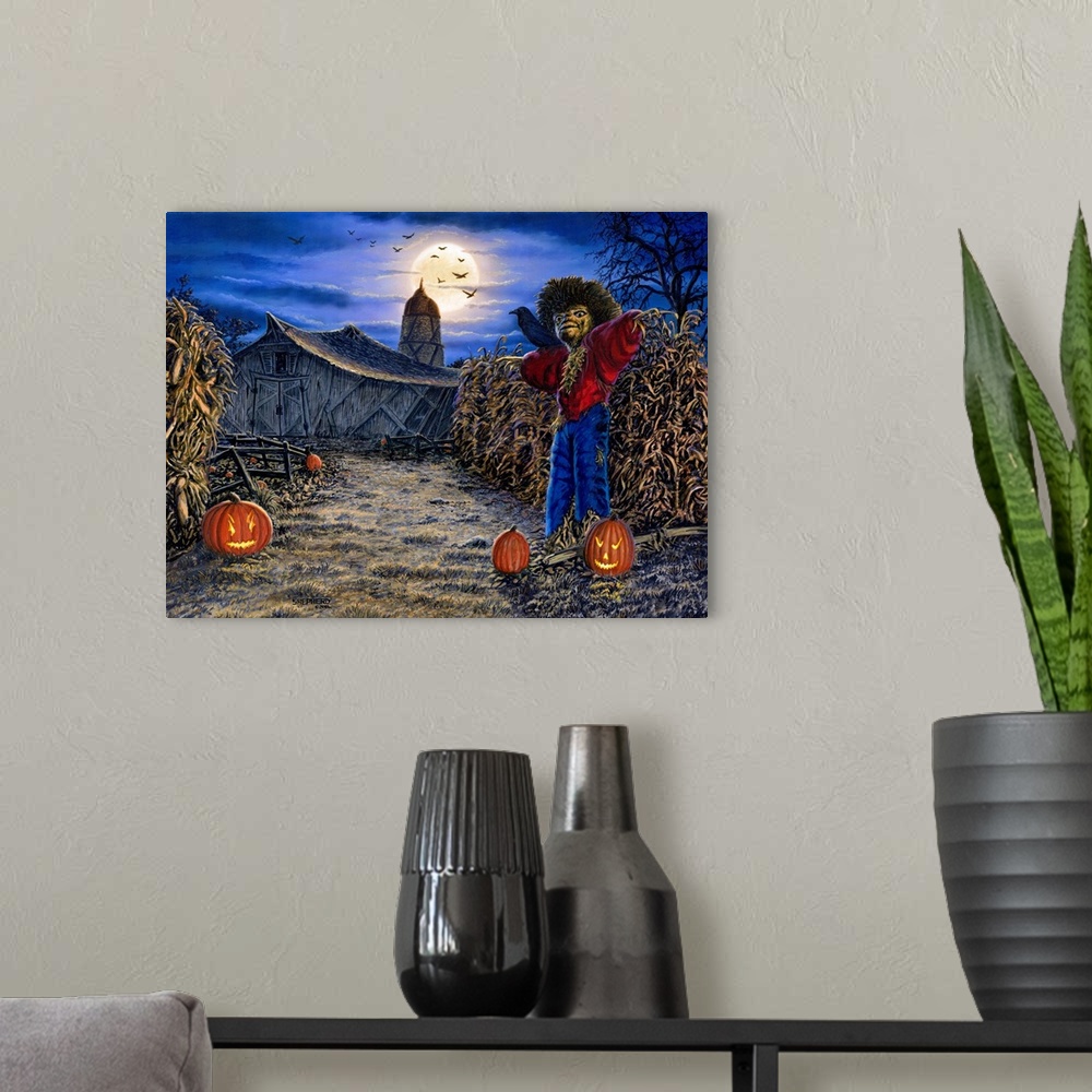 A modern room featuring On Halloween a scarecrow and his friends the pumpkins and crows greet passers-by on the path to a...