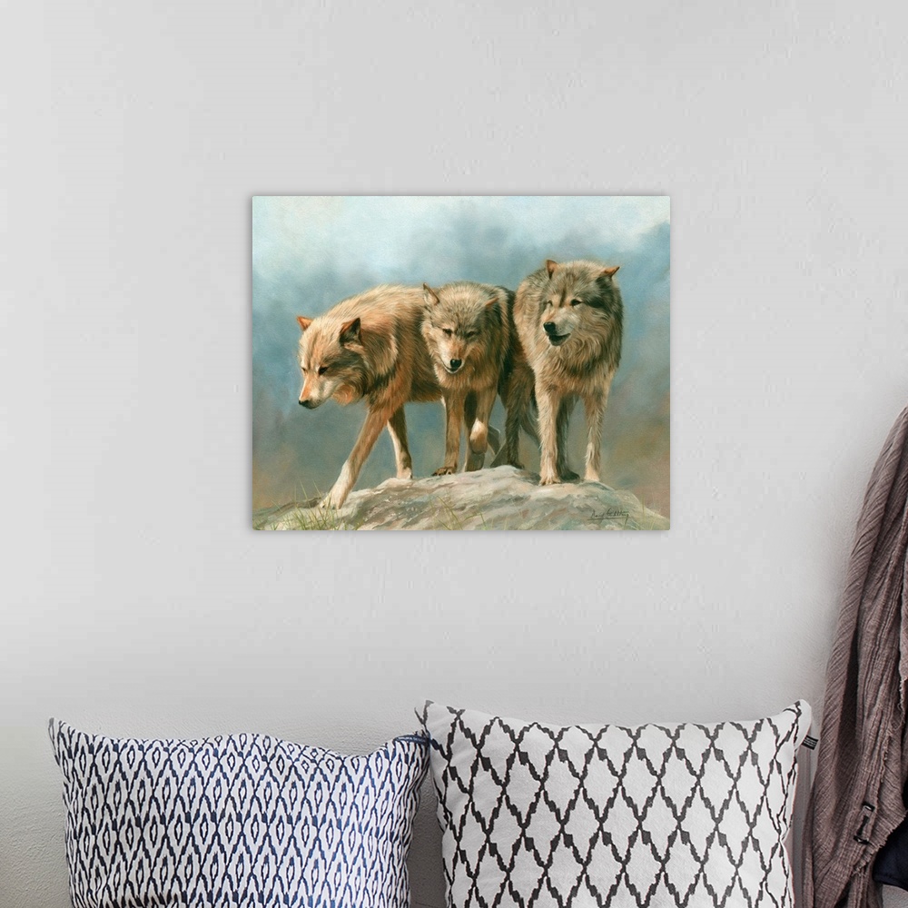 A bohemian room featuring Three Grey Wolves. Oil on canvas.
