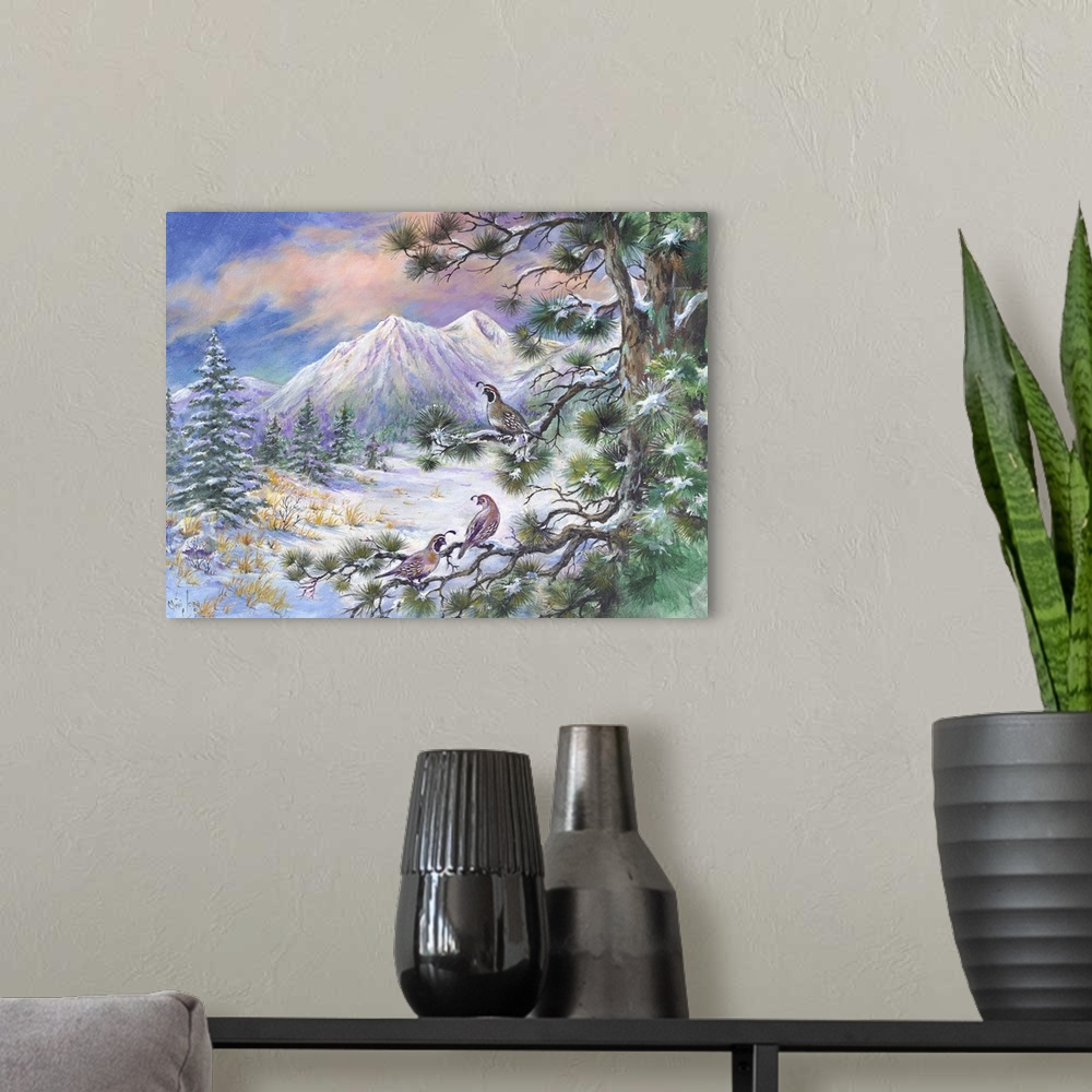 A modern room featuring Contemporary painting of quails resting on a tree, looking out at mountains.