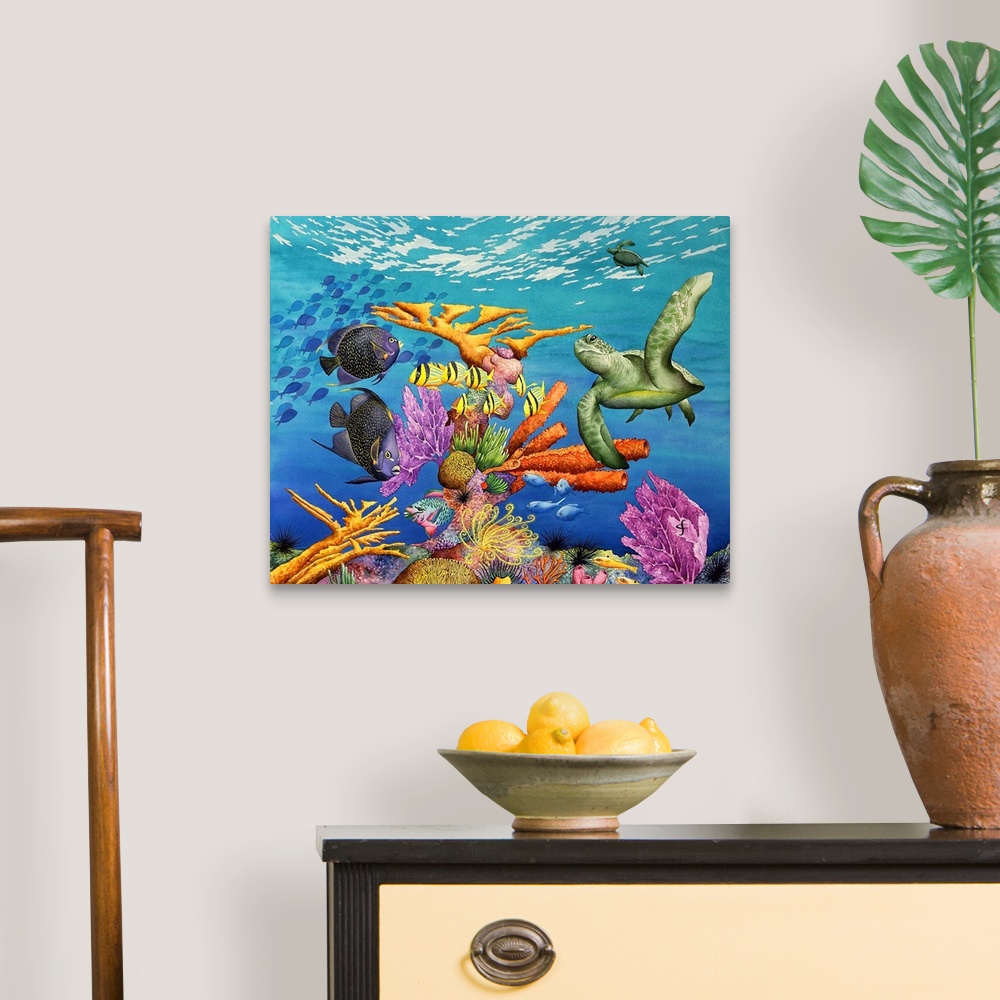 A traditional room featuring Tropical themed artwork using bright vivid colors to depict the flowers and animals of the enviro...