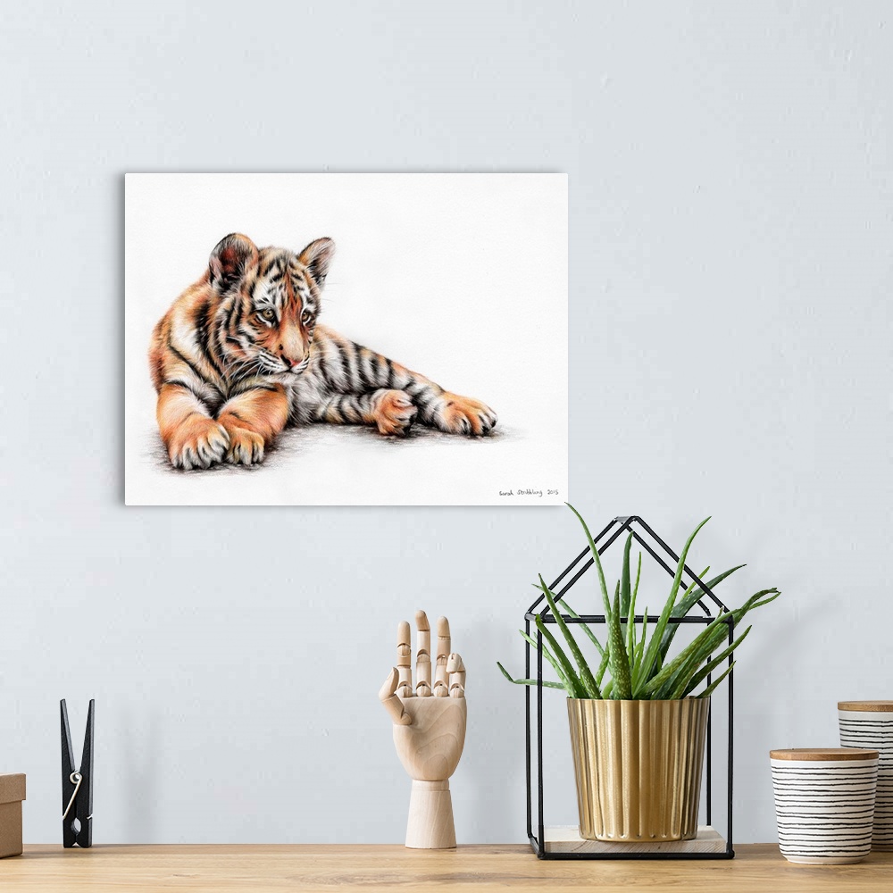 A bohemian room featuring Tiger cub drawn in colored pencils.