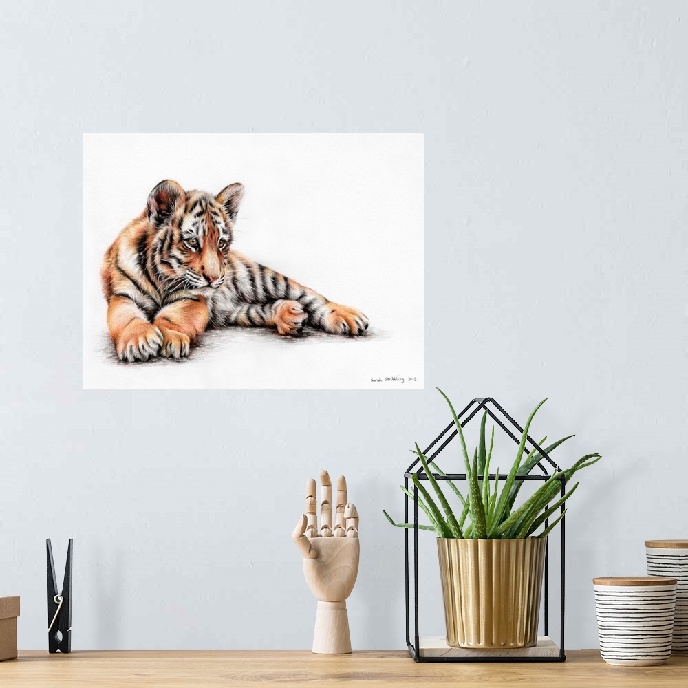 A bohemian room featuring Tiger cub drawn in colored pencils.