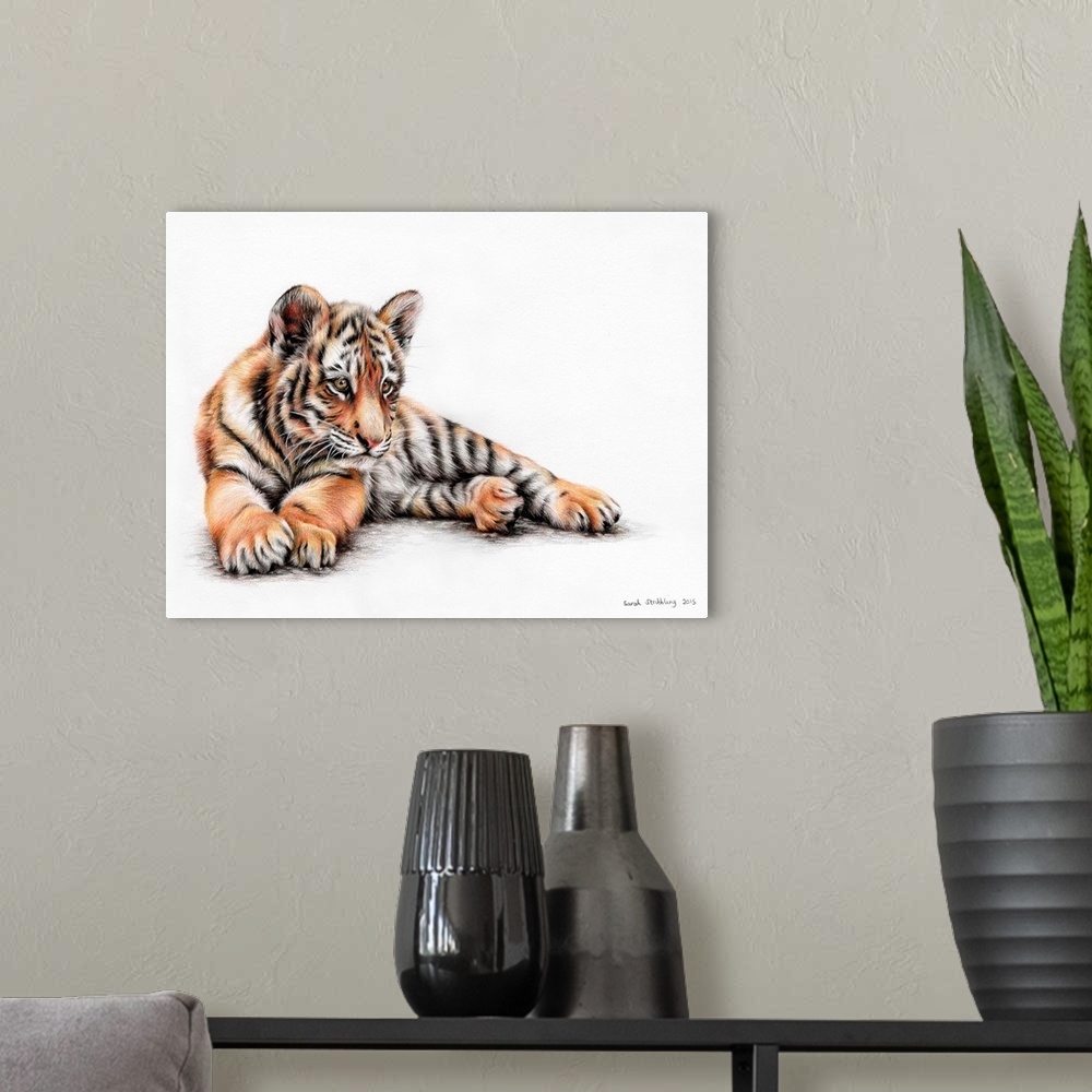 A modern room featuring Tiger cub drawn in colored pencils.