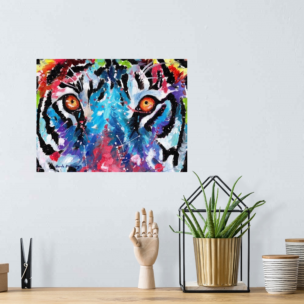 A bohemian room featuring Close up of tiger eyes in rainbow colors.
