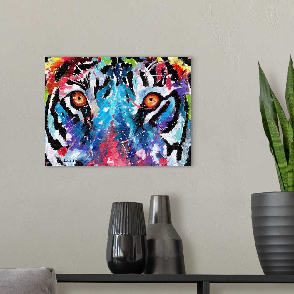 A modern room featuring Close up of tiger eyes in rainbow colors.