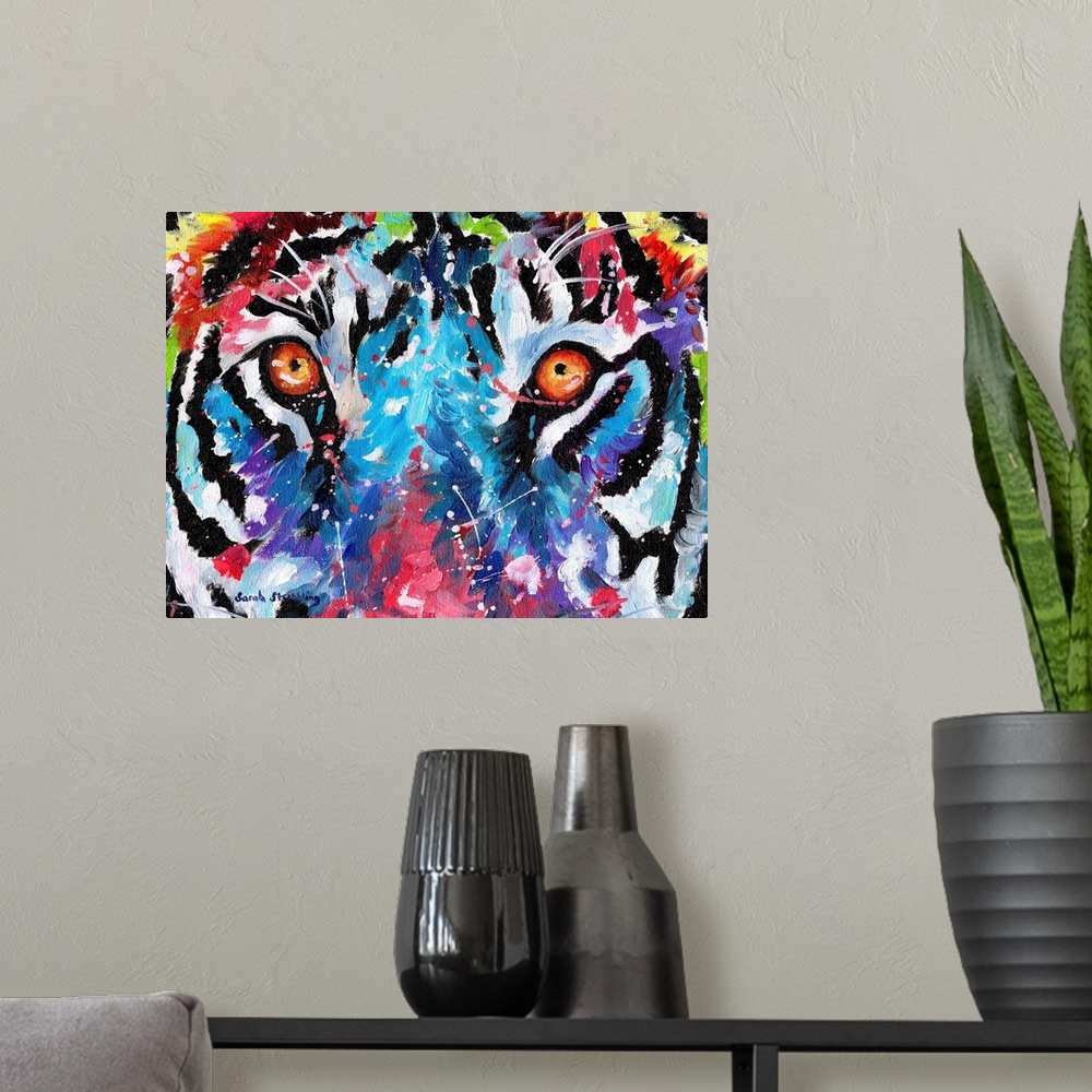 A modern room featuring Close up of tiger eyes in rainbow colors.