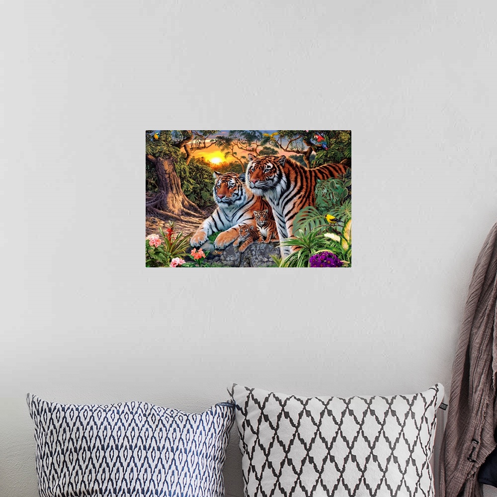 A bohemian room featuring Horizontal artwork on a large wall hanging of  a a male and female tiger with their two tiger cub...