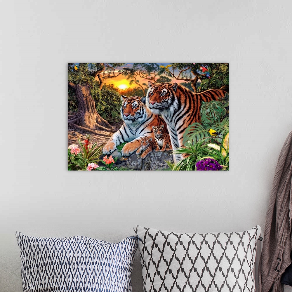 A bohemian room featuring Horizontal artwork on a large wall hanging of  a a male and female tiger with their two tiger cub...