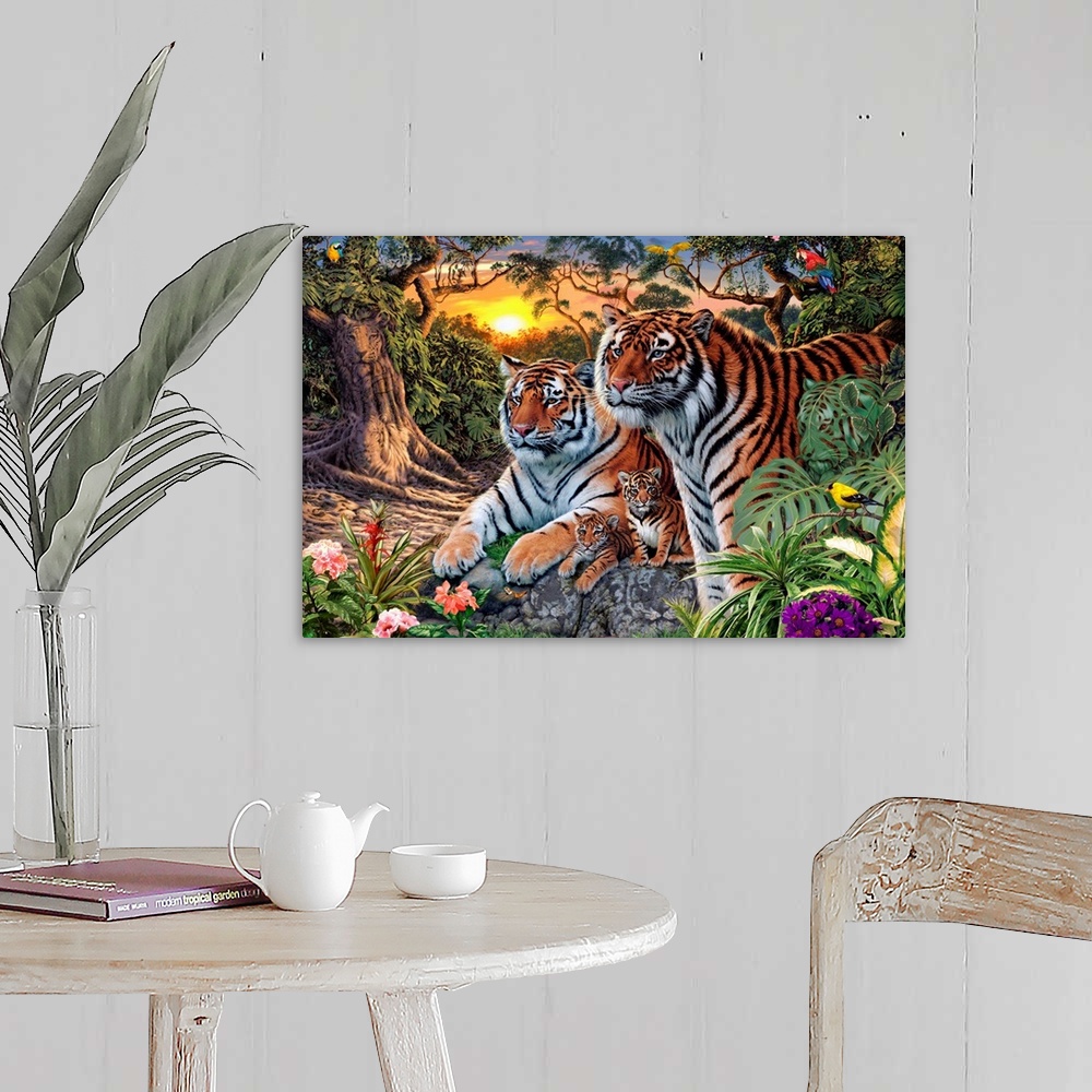 A farmhouse room featuring Horizontal artwork on a large wall hanging of  a a male and female tiger with their two tiger cub...