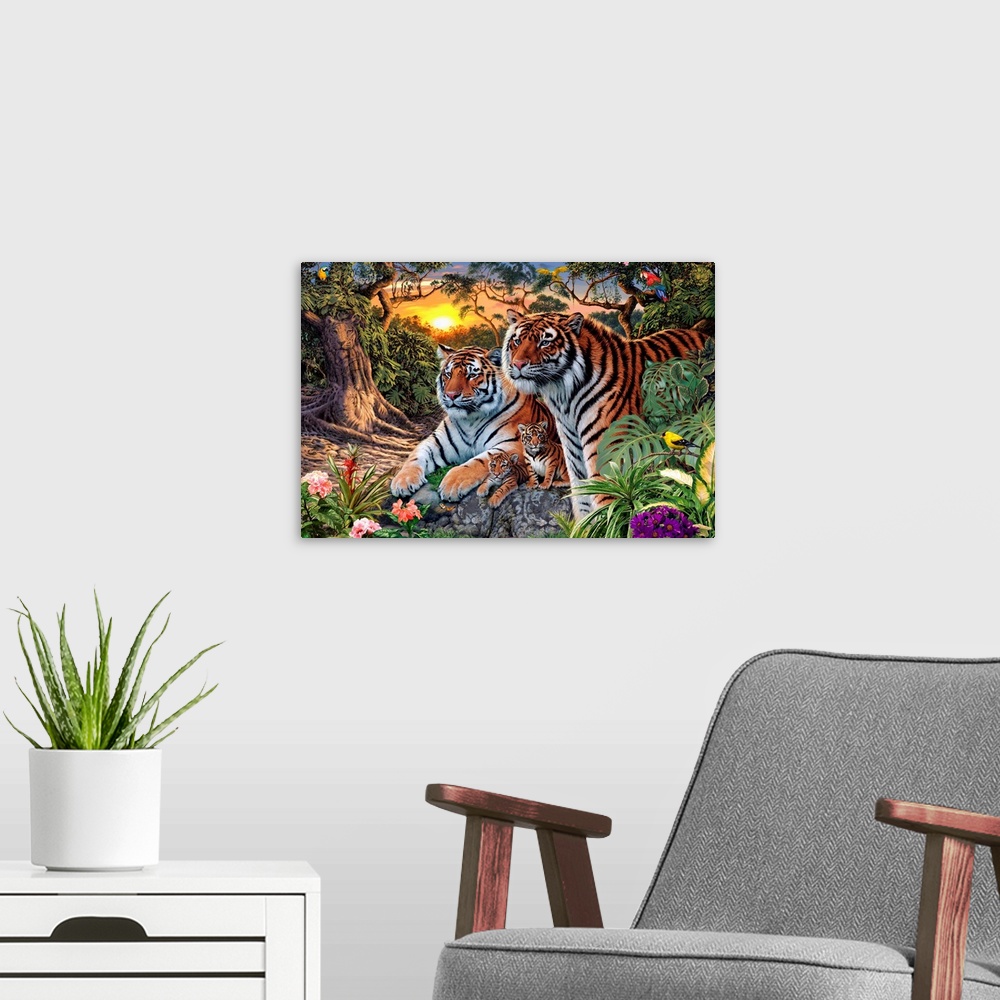 A modern room featuring Horizontal artwork on a large wall hanging of  a a male and female tiger with their two tiger cub...