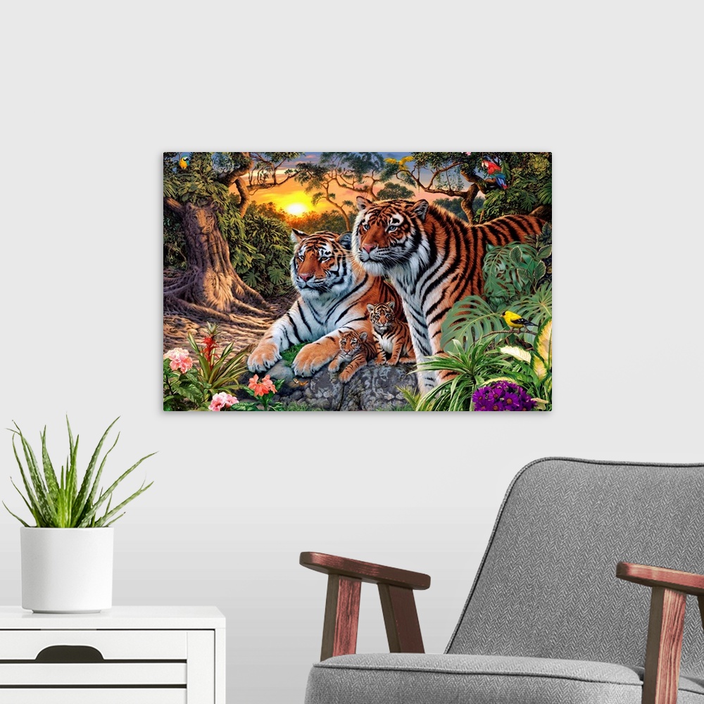 A modern room featuring Horizontal artwork on a large wall hanging of  a a male and female tiger with their two tiger cub...