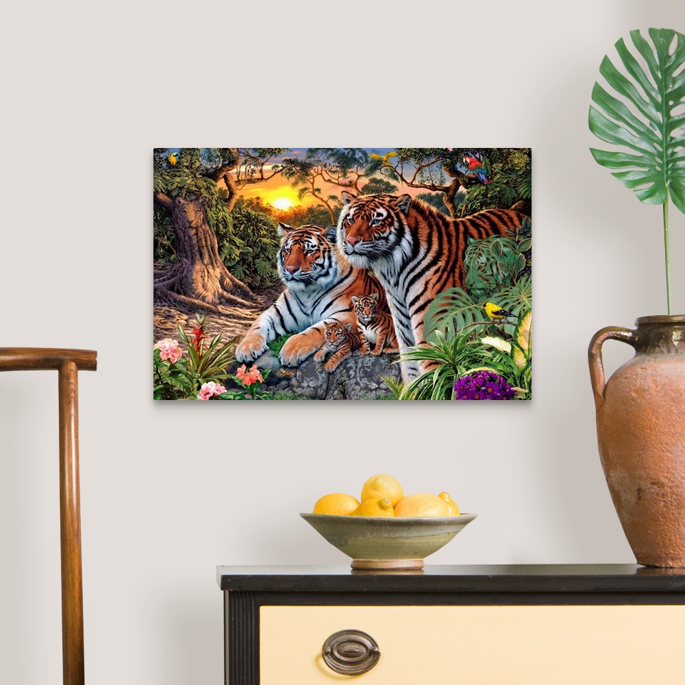 A traditional room featuring Horizontal artwork on a large wall hanging of  a a male and female tiger with their two tiger cub...