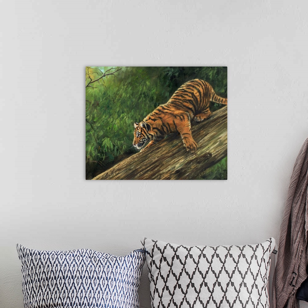 A bohemian room featuring Contemporary painting depicting an Amur Tiger descending a tree trunk.
