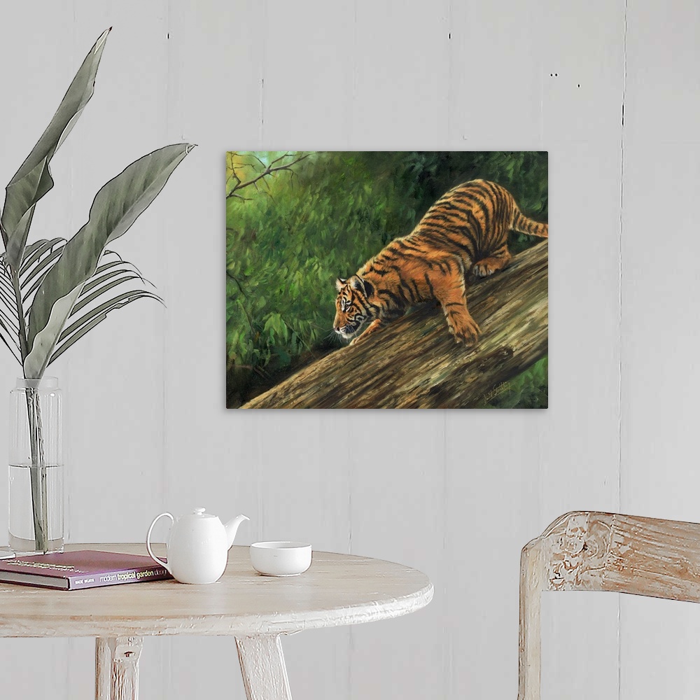 A farmhouse room featuring Contemporary painting depicting an Amur Tiger descending a tree trunk.