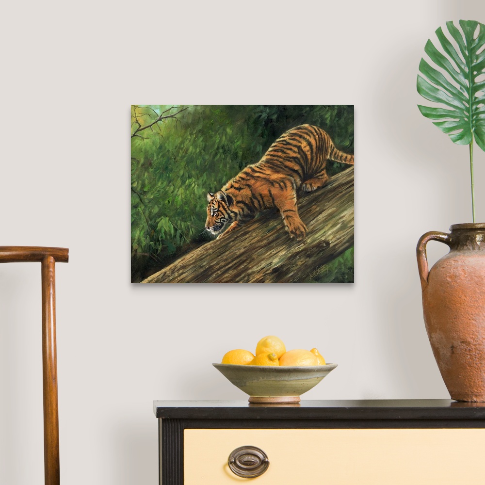 A traditional room featuring Contemporary painting depicting an Amur Tiger descending a tree trunk.
