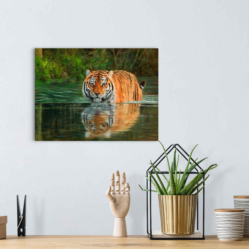 A bohemian room featuring Contemporary painting of a Siberian tiger wading through water.