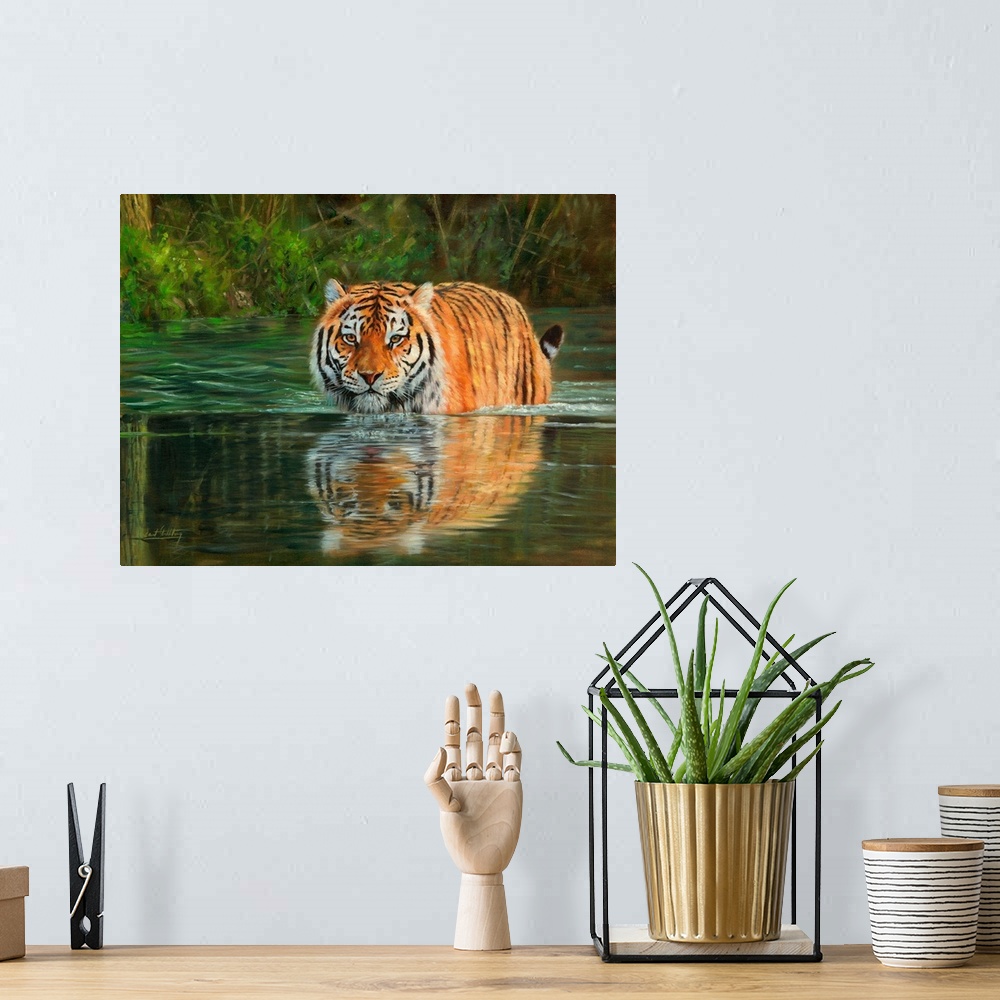 A bohemian room featuring Contemporary painting of a Siberian tiger wading through water.